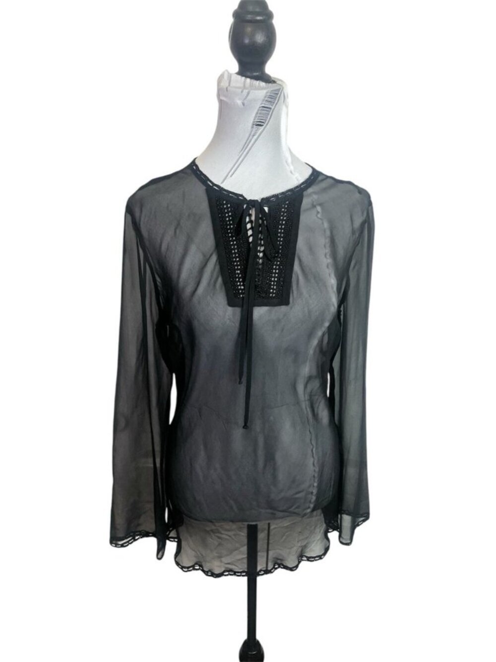 Vintage Ice Sheer Top Beaded Sz M Crochet Lightweight Long Sleeve Gothic Flowy